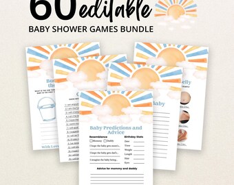 Könnte beinhalten: Ein Set aus 60 bearbeitbaren Babyparty-Spielkarten mit einer Aquarellgrafik von Sonne und Wolken am oberen Rand. Jede weiße Karte enthält gedruckten Text, Linien zum Ausfüllen und Spieltitel wie Baby Predictions and Advice in Blau.