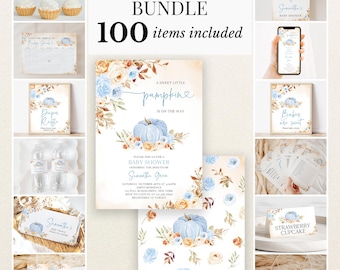 May include: A baby shower bundle featuring 100 items with a pumpkin and floral theme in blue and beige. Includes invitations, signs, cupcake toppers, water bottle labels, and game cards, all decorated with watercolor illustrations of pumpkins.