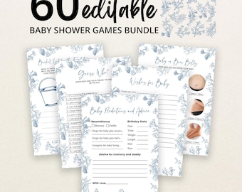 Pacchetto di giochi per baby shower in stile Chinoiserie blu polvere, modificabile, con motivo Toile francese, giochi per baby shower con motivo Toile francese, BBS854