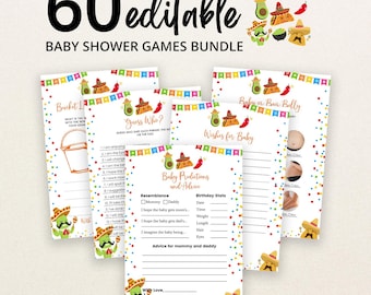 May include: A bundle of 60 editable baby shower game cards featuring colorful confetti borders and illustrations of avocados, tacos, and chili peppers wearing sombreros. The cards include titles like Guess Who, Wishes for Baby, and Baby Predictions.