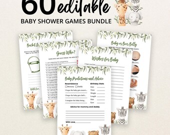 Puede incluir: Un paquete de 60 tarjetas de juegos para baby shower editables con ilustraciones en acuarela de una jirafa, un elefante, un tigre y una cebra. Las tarjetas incluyen títulos como Baby Predictions and Advice, decoradas con hojas verdes.