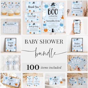 Editable Blue A Little Boo Baby Shower Bundle, Boy Halloween Baby Shower Invitation Pack, Ghost Halloween Baby Shower Game Package, BBS494