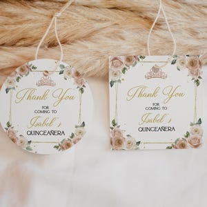 Editable Pink and Rose Gold Quinceañera Favor Tag, Butterfly Floral Birthday Thank You Tag, Floral Mis Quince Anos, Princess Quince BRT351