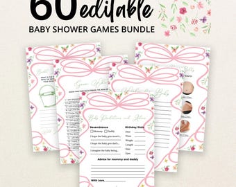May include: A bundle of 60 editable baby shower game cards featuring a pink bow border and watercolour floral accents. The cards include text such as Baby Predictions and Advice, Guess Who, and various prompts with lines for writing answers.