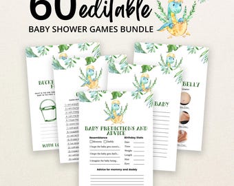 Puede incluir: Un paquete de 60 tarjetas de juegos para baby shower editables con una ilustración en acuarela de un dinosaurio azul saliendo de un huevo, rodeado de hojas tropicales verdes. Las tarjetas incluyen texto para predicciones y consejos.