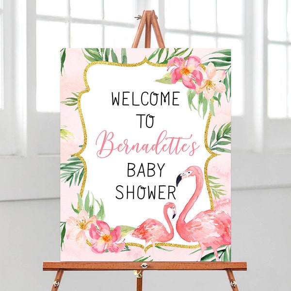 Editable Flamingo Baby Shower Welcome Sign, Tropical Flamingo Baby Shower Poster, Palm Leaves Flamingo Baby Shower Welcome Sign, BBS151