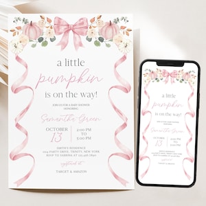 Redigerbar inbjudan till babyshower med rosa rosett och pumpa, inbjudan till babyshower med höstmotiv och flickor, inbjudan till babyshower med rosa band och liten pumpa med blommönster BBS1117