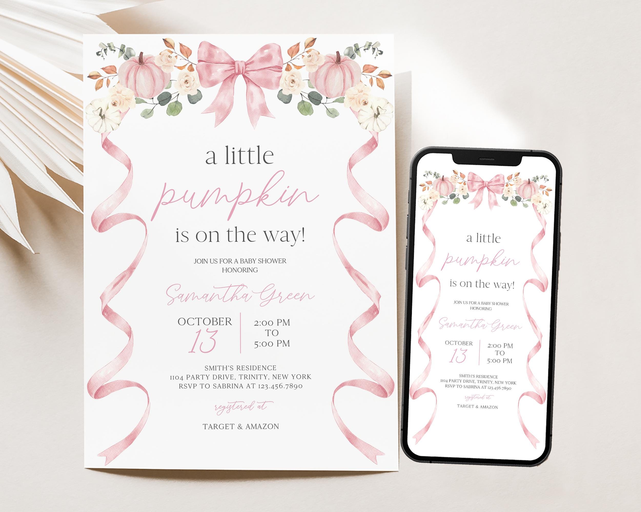 Editable Pink Bow Pumpkin Baby Shower Invitation, Fall Girl Baby Shower Invite, Little Pumpkin Floral Pink Ribbon Baby Shower Invite BBS1117