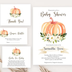 Editable White Floral Pumpkin Baby Shower Invitation Bundle, Gender Neutral Pumpkin Baby Shower Invitation, Pumpkin Baby Shower, BBS174
