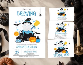 Paquete editable de invitaciones para baby shower de Halloween "A Baby is Brewing" en azul, invitación para baby shower "Little Boo", baby shower de Halloween para niño, BBS809
