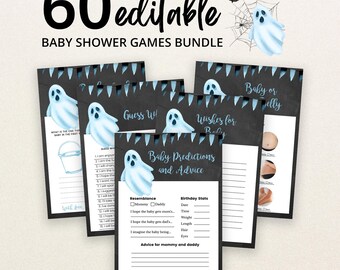 Op de afbeelding: Een bundel van 60 bewerkbare babyshower-spelkaarten met een spookthema. De kaarten hebben zwarte achtergronden met blauwe spookillustraties, slingers en spinnenwebben. De tekst bevat Baby Predictions and Advice, Guess Who en Baby or Belly.