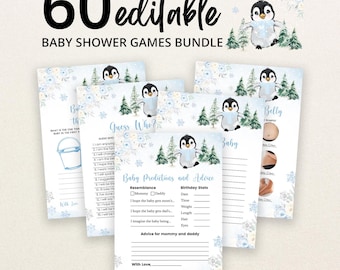 May include: A bundle of 60 editable baby shower game cards featuring a winter theme with watercolor penguins, pine trees, and blue floral accents. The cards include titles like Guess Who, Baby Predictions and Advice, and Belly or Beer.