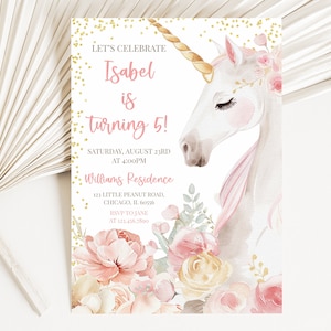 Editable Unicorn Birthday Invitation, Floral Pink Unicorn Birthday Invite, Purple Pink Gold Sparkle Unicorn Birthday Invitation, BRT089