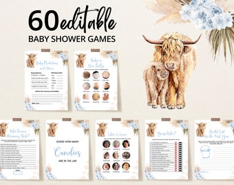 Editable Holy Cow Baby Shower Game Bundle, Boy Highland Cow Baby Shower Games, Blue Boho Highland Cow Game Pack, Pampas Grass BBS396