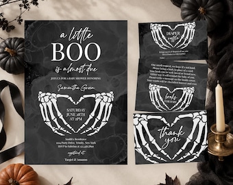 Editable A Little Boo Halloween Baby Shower Invitation Bundle, Gothic Halloween Baby Shower, Skeleton Heart Baby Shower Invitation, BBS784