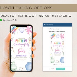 May include: A digital download for a pottery painting party invitation. The invitation features a watercolor design with paintbrushes, paint pots, and a colorful splattered background. The text on the invitation reads "Please join us for a Pottery Painting Party in honor of Isabel's 5th Birthday".