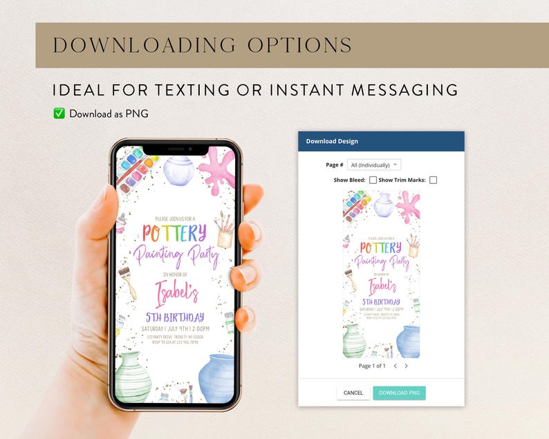 May include: A digital download for a pottery painting party invitation. The invitation features a watercolor design with paintbrushes, paint pots, and a colorful splattered background. The text on the invitation reads "Please join us for a Pottery Painting Party in honor of Isabel's 5th Birthday".