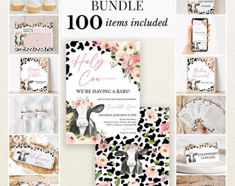 Editable Holy Cow Baby Shower Bundle, Girl Highland Cow Baby Shower Invitation Pack, Pink Floral Highland Cow Shower Game Package, BBS735