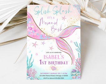 Editable Mermaid Birthday Invitation, Mermaid Bash Under the Sea Birthday Invite, Sprinkle, Pink, Purple, Gold Mermaid Birthday, BRT081