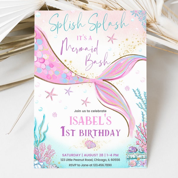 Editable Mermaid Birthday Invitation, Mermaid Bash Under the Sea Birthday Invite, Sprinkle, Pink, Purple, Gold Mermaid Birthday, BRT081