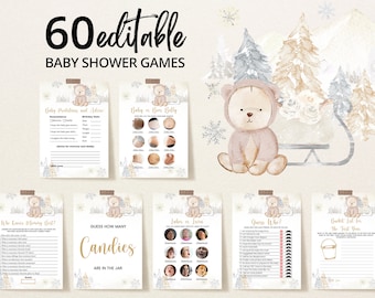 Editable Winter Bear Baby Shower Game Bundle, We can Bearly Wait Gender Neutral Baby Shower Game Pack, Winter Bear Shower Games, BBS571