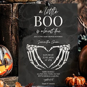 Editable A Little Boo Halloween Baby Shower Invitation, Gothic Halloween Baby Shower, Skeleton Heart Baby Shower Invitation, BBS784