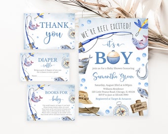 Editable We're Reel Excited It's a Boy Baby Shower Invitation Bundle,  Fishing Baby Shower Invite, Blue Boy Fishing Baby Shower, BBS686