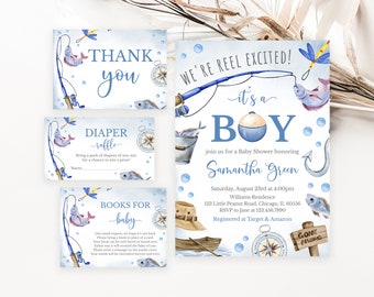 Editable We're Reel Excited It's a Boy Baby Shower Invitation Bundle, Fishing Baby Shower Invite, Blue Boy Fishing Baby Shower, BBS686