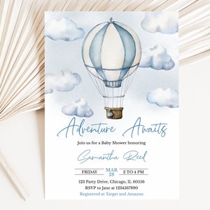 Invito modificabile per baby shower Adventure Awaits, invito per baby shower con mongolfiera blu, invito per baby shower per bambini Adventure Awaits, BBS317