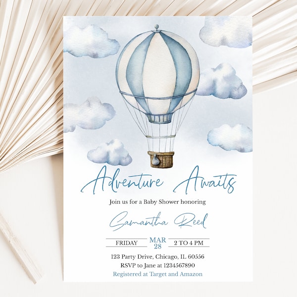 Editable Adventure Awaits Baby Shower Invitation, Blue Hot Air Balloon Baby Shower Invite, Boy Adventure Awaits Baby Shower, BBS317