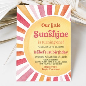 Editable Our Little Sunshine Birthday Invitation, Boho Sun Birthday Invite, Pink Sun Birthday Girl Invite, Little Sunshine Template, BRT096
