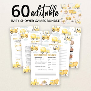 Peut inclure: Un lot de 60 cartes de jeux de fête prénatale modifiables avec des illustrations de véhicules de chantier jaunes, des nuages gris et du texte noir. Les cartes incluent des titres comme Baby Predictions and Advice, Guess Who et Bucket List.