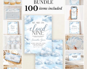 Editable On Cloud 9 Baby Shower Bundle, Blue Cloud Nine Baby Shower Invitation Pack, Boy We're on Cloud Nine Shower Game Package, BBS970