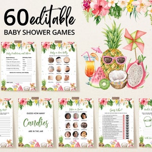 Editable Girl Aloha Hawaiian Baby Shower Game Bundle, Tropical Fruits Baby Shower Game Pack, Aloha Floral Pineapple Shower Games, BBS682