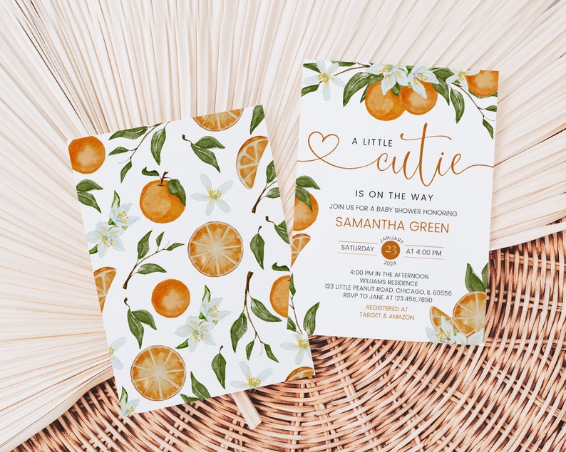 Editable Little Cutie Baby Shower Invitation Bundle, Orange Baby Shower Invite, Gender Neutral Orange Citrus Baby Shower Invite BBS675 image 3