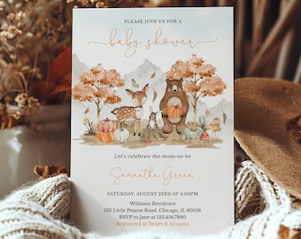 May include: Baby shower invitation featuring a watercolour illustration of woodland animals and pumpkins. The invitation includes the text "baby shower", the name "Samantha Green", and event details.