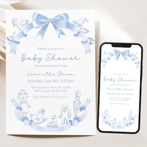 Editable Toile De Jouy Blue Baby Shower Invitation, Boy Blue Toile Invitation, Dusty Blue Shower Invite, Nursery Toile Invite BBS1069