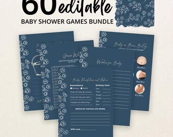May include: A bundle of 60 editable baby shower game cards in dark blue with white floral line art borders. The cards feature titles like Baby Predictions and Advice, Guess Who, and Baby or Beer Belly, with blank lines for writing responses.