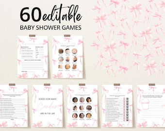 Editable Pink Baby Shower Game Bundle, Pink Bow Girl Baby Shower Game Pack, Pink Girl Ribbon Minimalist Baby Shower Games, BBS1057