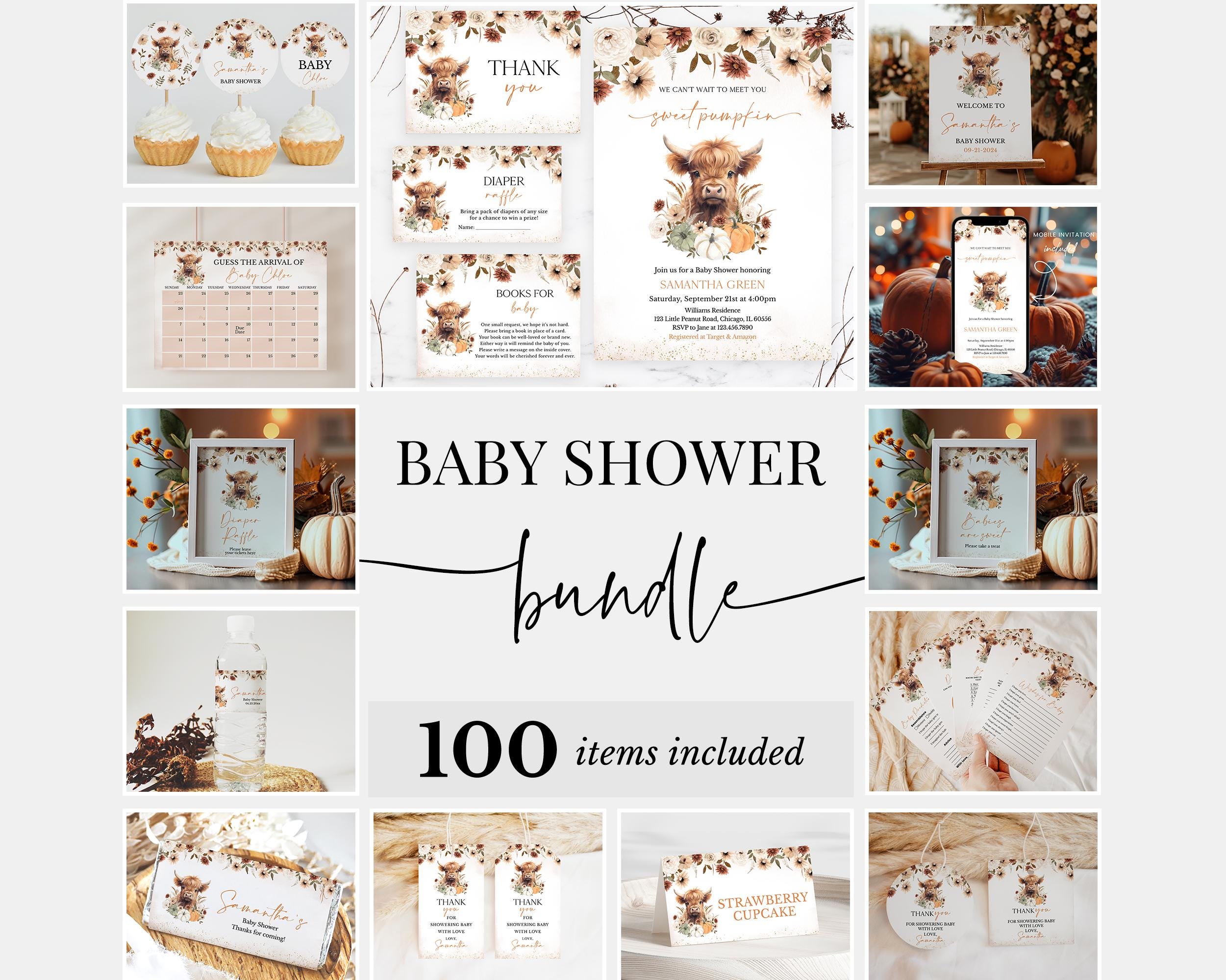 Editable Fall Flowers Highland Cow Baby Shower Bundle, Girl Highland Cow Baby Shower Invitation Pack, Pumpkin Cow Game Package, BBS877