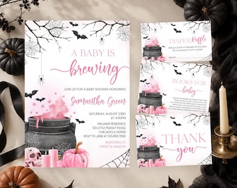 Editable Pink Girl A Baby is Brewing Halloween Baby Shower Invitation Bundle, Cauldron Baby Shower Invite, Spooky Baby Shower, BBS770