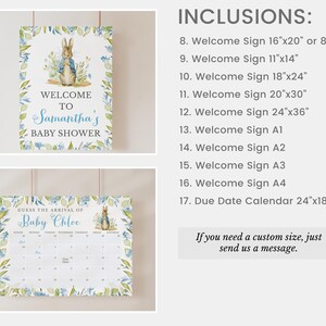 Op de afbeelding: Twee afdrukbare borden voor een babyshower. Het eerste bord heeft een aquarel-illustratie van Peter Rabbit en de tekst "Welkom op de babyshower van Samantha". Het tweede bord is een kalender met de tekst "Raad de aankomst van Baby Chloe".