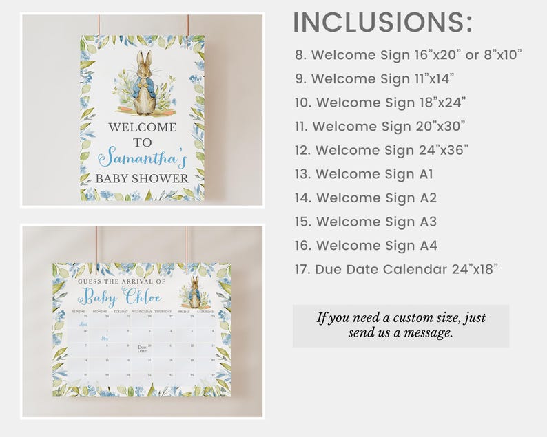 Op de afbeelding: Twee afdrukbare borden voor een babyshower. Het eerste bord heeft een aquarel-illustratie van Peter Rabbit en de tekst "Welkom op de babyshower van Samantha". Het tweede bord is een kalender met de tekst "Raad de aankomst van Baby Chloe".