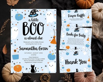 Editable Blue A Little Boo Baby Shower Invitation Bundle, Boy Halloween Baby Shower Invite, Ghost Halloween Baby Shower Invite, BBS494