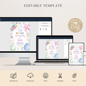 May include: Editable template for a pottery painting party invitation. The invitation features a watercolor illustration of pottery, paintbrushes, and paint splatters. The text on the invitation reads "Pottery Painting Party" and "Izabel's 5th Birthday".
