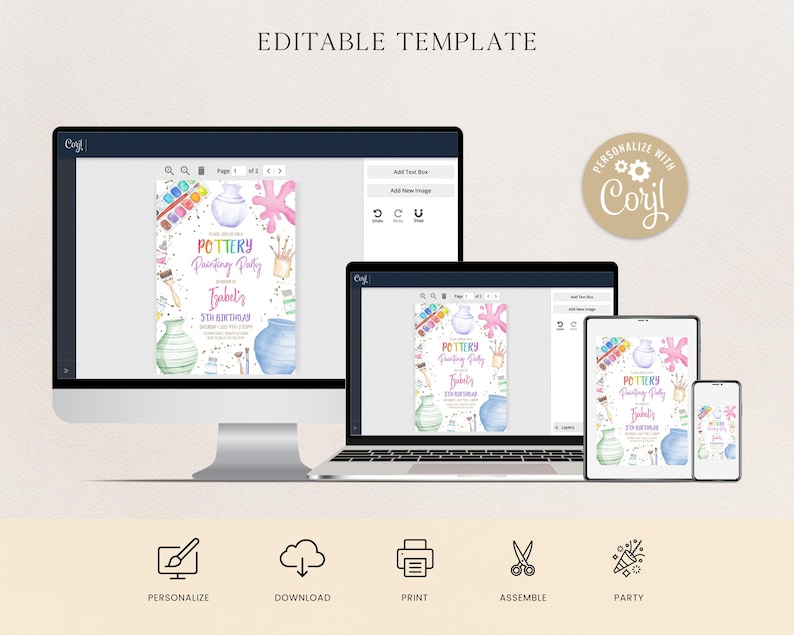 May include: Editable template for a pottery painting party invitation. The invitation features a watercolor illustration of pottery, paintbrushes, and paint splatters. The text on the invitation reads "Pottery Painting Party" and "Izabel's 5th Birthday".