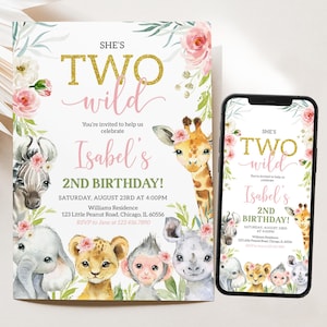 Bearbeitbar Zwei wilde Mädchen-Geburtstags-Einladung, Blumen-Safari-Tiere-Geburtstagsfeier-Einladung, rosa wilde Tiere-Handy-Geburtstags-Einladung, BRT365