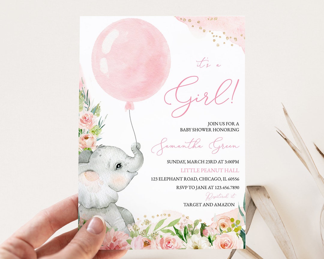 Editable Pink Floral Girl Elephant Baby Shower Invitation, Pink ...