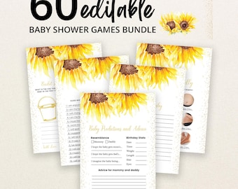 May include: A bundle of 60 editable baby shower game cards featuring watercolor sunflower illustrations at the top. The cards include text such as Baby Predictions and Advice, with blank lines for writing, and gold glitter accents on a white background.