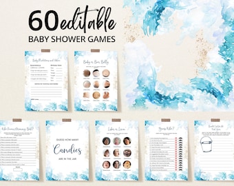Bewerkbare oceaan baby shower gamebundel, nautische baby shower gamepack, onder de zee babyshower, genderneutrale stranddouchespellen, BBS690